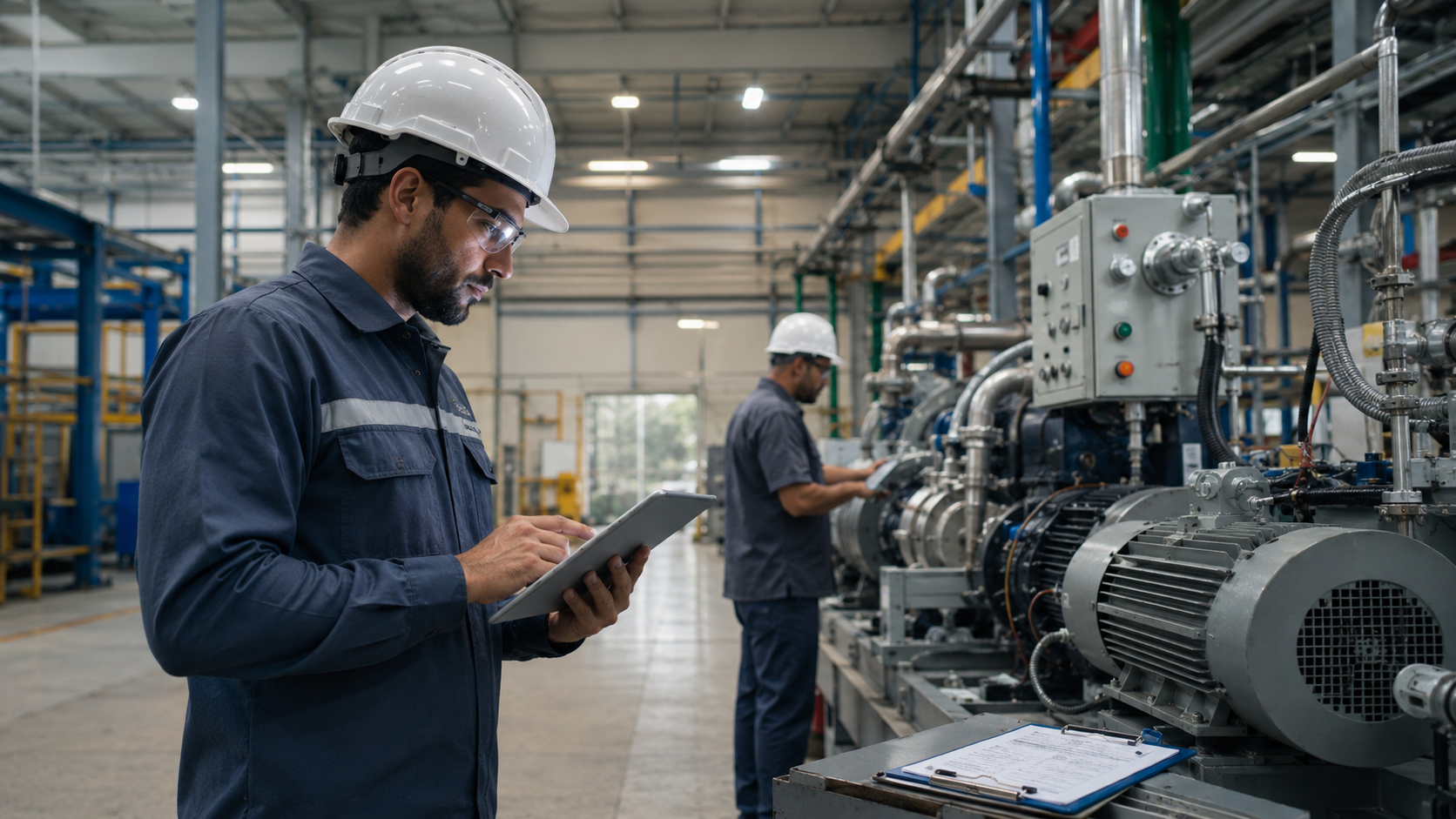 Ambiente industrial com sistemas hidráulicos, pneumáticos e componentes técnicos